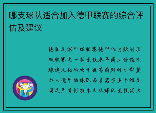 哪支球队适合加入德甲联赛的综合评估及建议