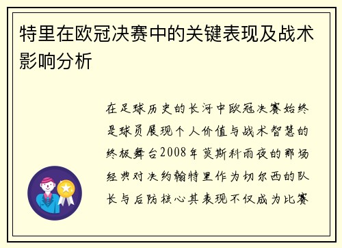 特里在欧冠决赛中的关键表现及战术影响分析